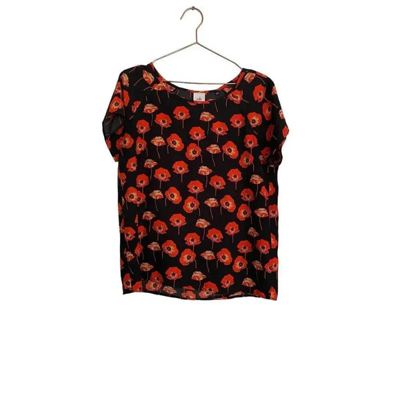 Cabi Women's Black Short Sleeve Round Neck Floral Print Top Size Medium - Picture 1 of 3